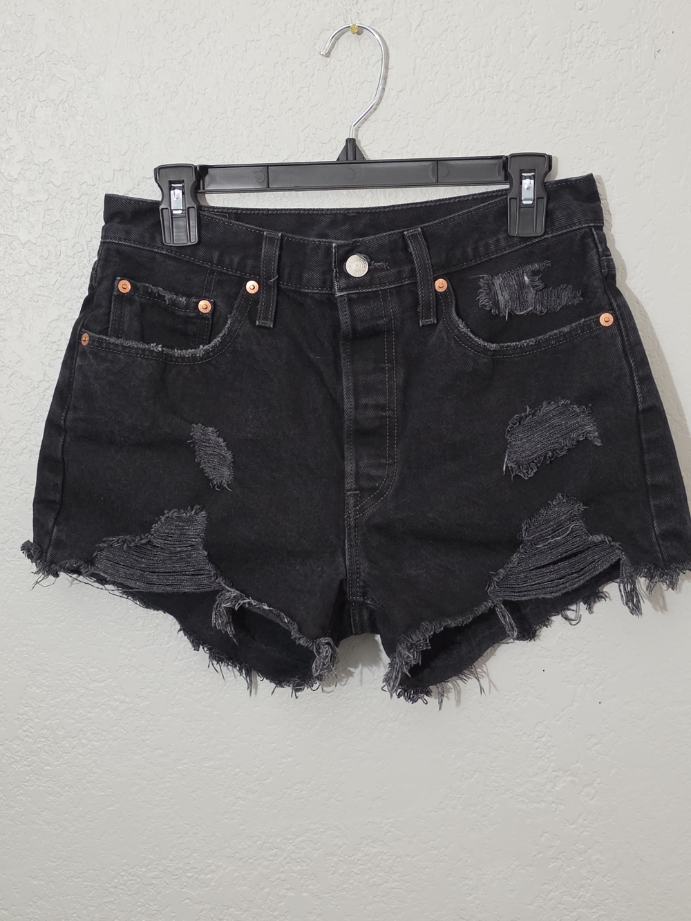 Levi's Black Distressed Denim Shorts High Rise 100% Cotton Womens 28